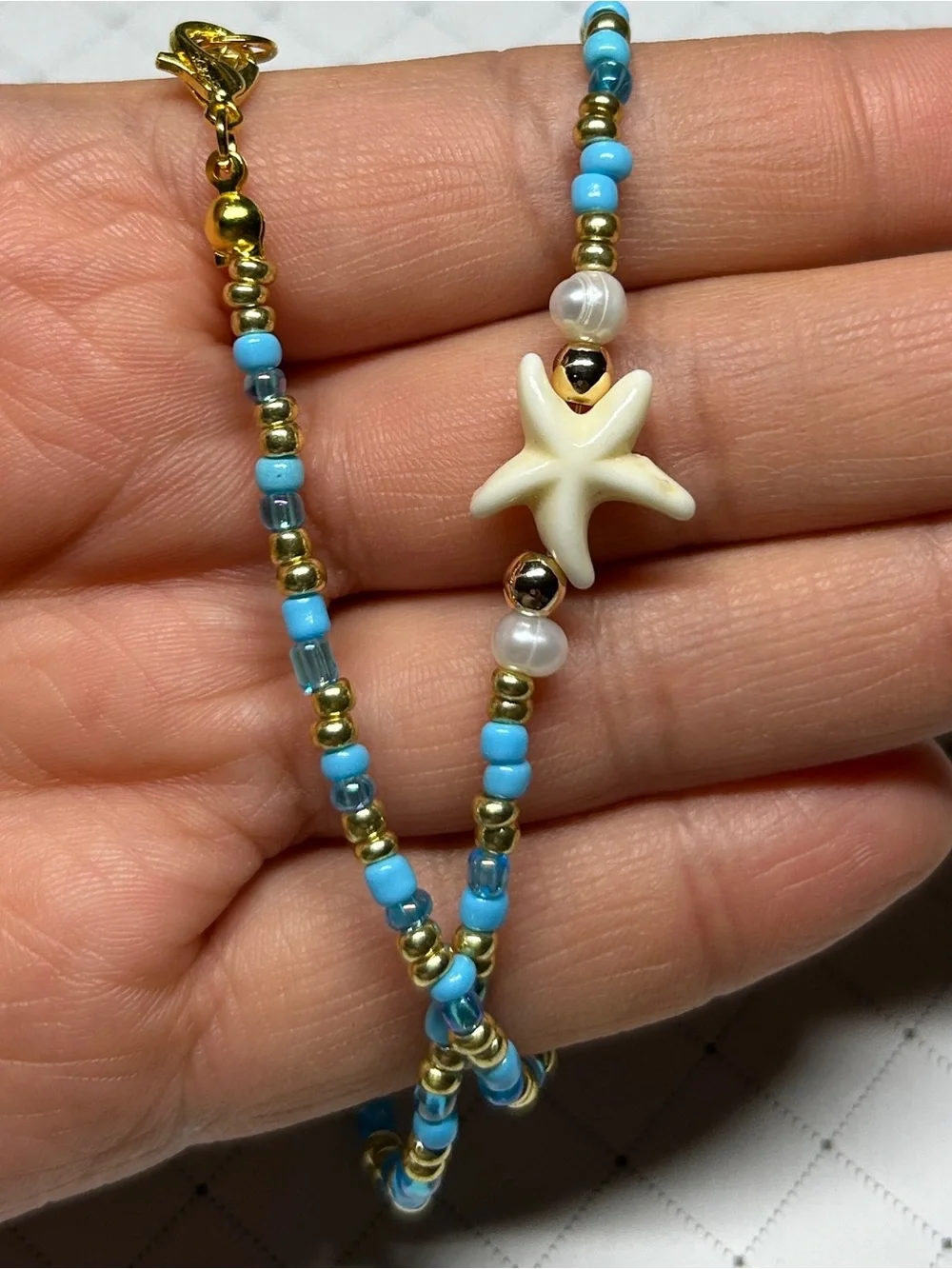 Baby Blue Starfish Necklace with Gold Accents